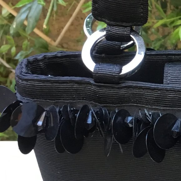 Talbots Black Ribbed Satin Hard Shell Tote Handbag w Paillette Sequins - Picture 6 of 9